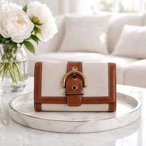 COACH Campbell Leather Wallet - Brown Off White